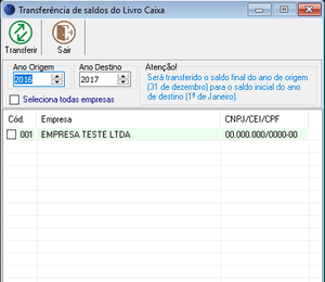 Transferência de saldos do Livro Caixa